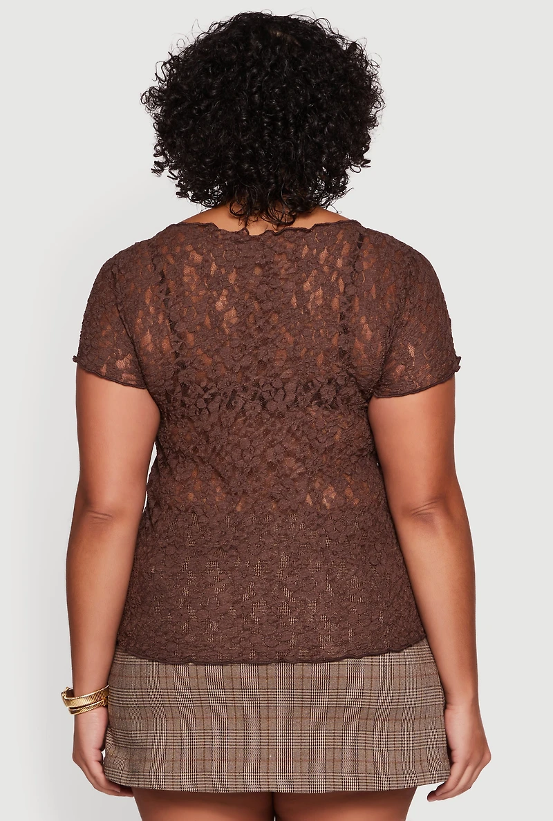 Plus Asymmetrical Hem Short Sleeve Lace Blouse