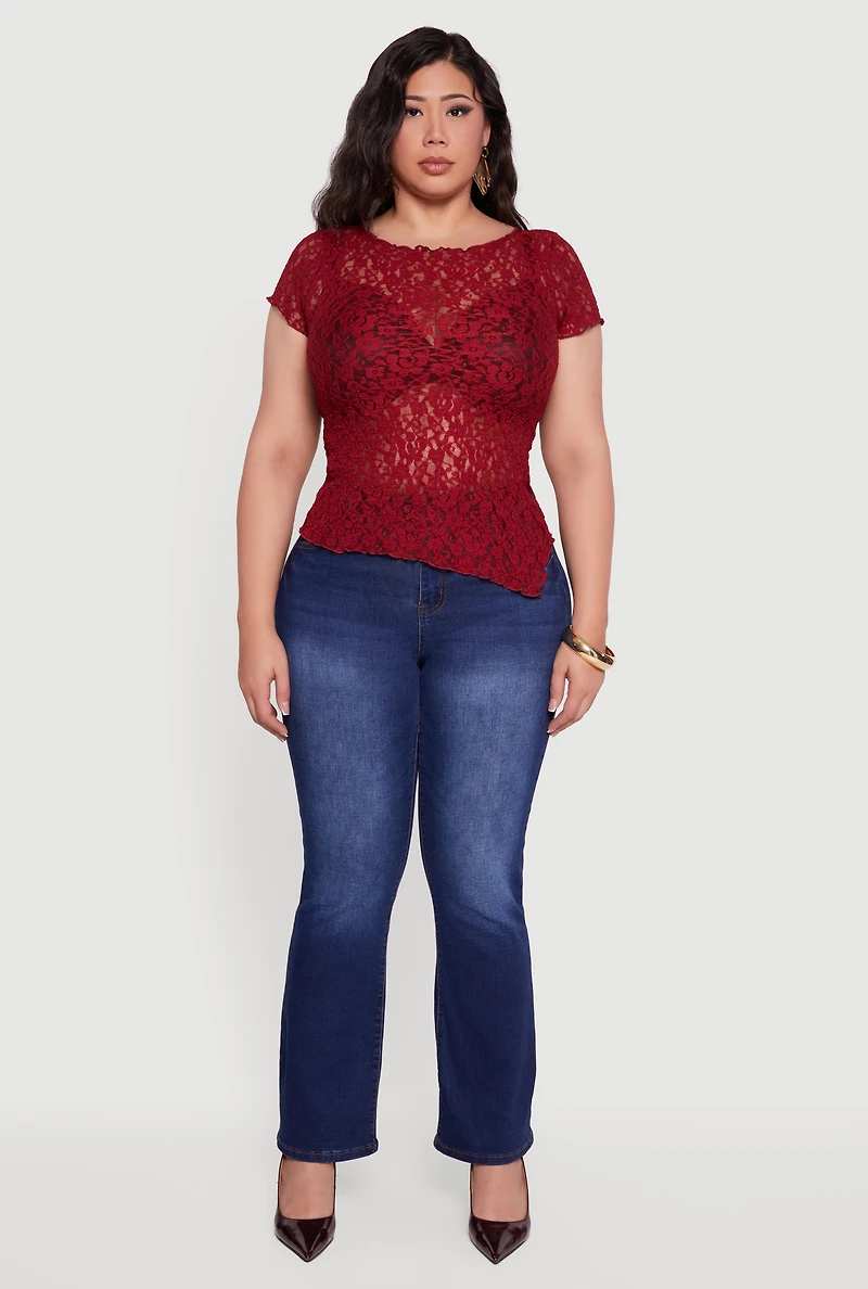 Plus Asymmetrical Hem Short Sleeve Lace Blouse