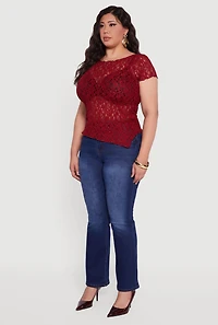 Womens Plus Asymmetrical Hem Short Sleeve Lace Blouse, 2X