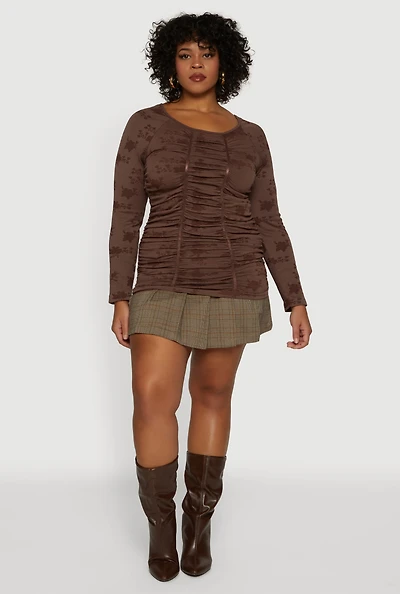 Womens Plus Size Floral Print Scoop Neck Long Sleeve Top, Brown, Size 1X-2X