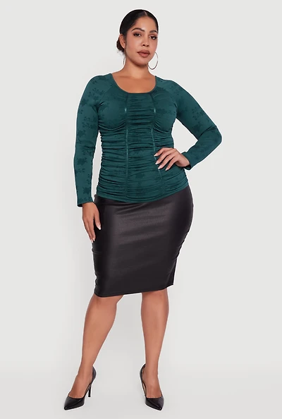 Womens Plus Size Floral Print Scoop Neck Long Sleeve Top, Green, Size 1X-2X