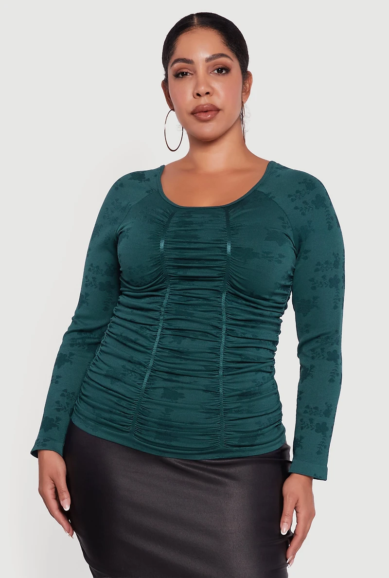 Plus Floral Print Scoop Neck Long Sleeve Top