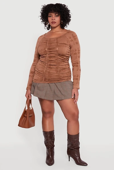 Womens Plus Size Floral Print Scoop Neck Long Sleeve Top, Brown, Size 2X-3X