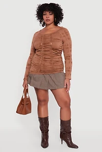 Womens Plus Size Floral Print Scoop Neck Long Sleeve Top, Brown, Size 2X-3X