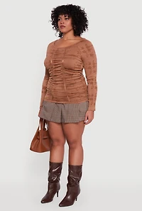 Womens Plus Size Floral Print Scoop Neck Long Sleeve Top, Brown, Size 2X-3X