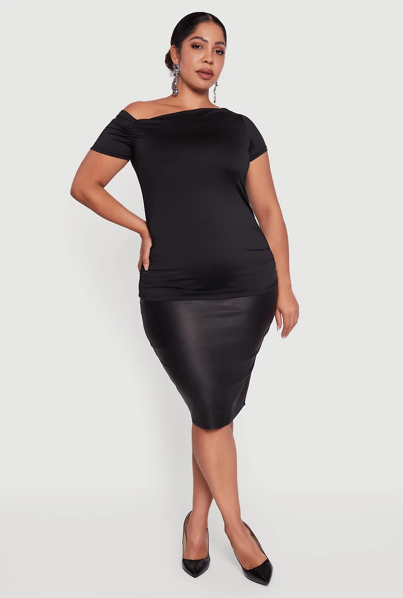 Plus One Shoulder Side Ruched Blouse