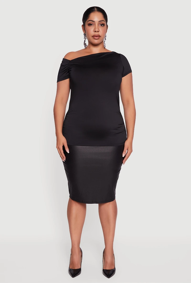 Plus One Shoulder Side Ruched Blouse