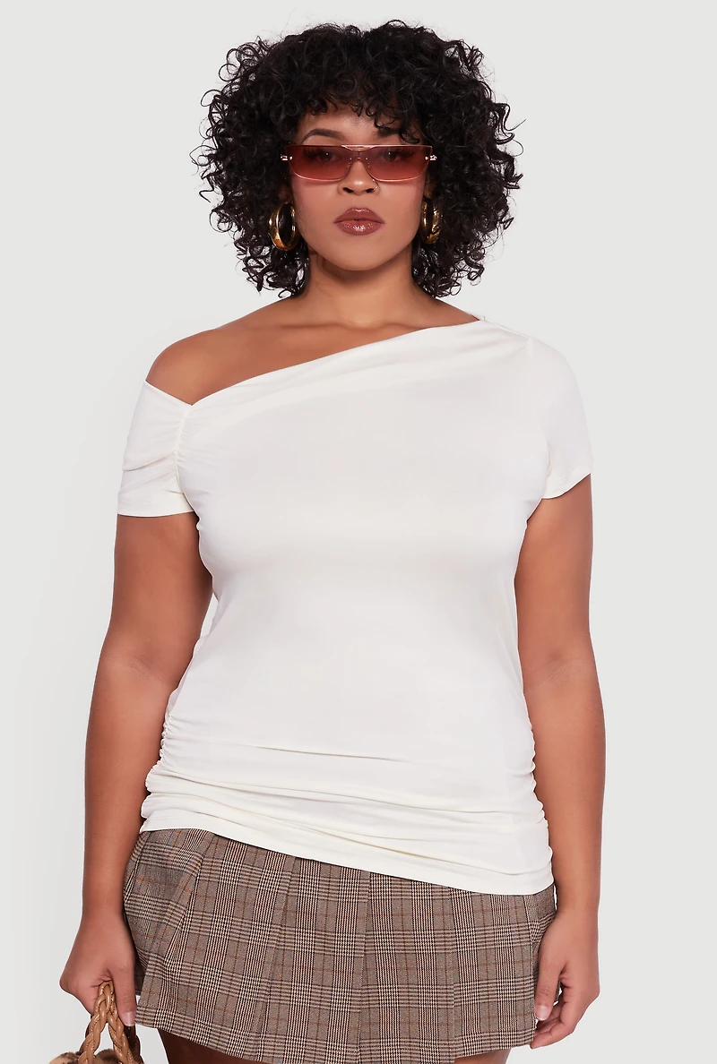 Womens Plus Size One Shoulder Side Ruched Blouse, White, Size 2X