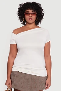 Womens Plus Size One Shoulder Side Ruched Blouse, White, Size 2X
