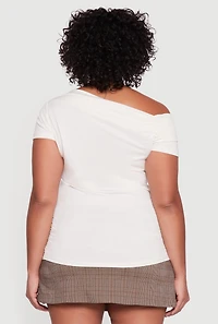 Womens Plus Size One Shoulder Side Ruched Blouse, White, Size 2X