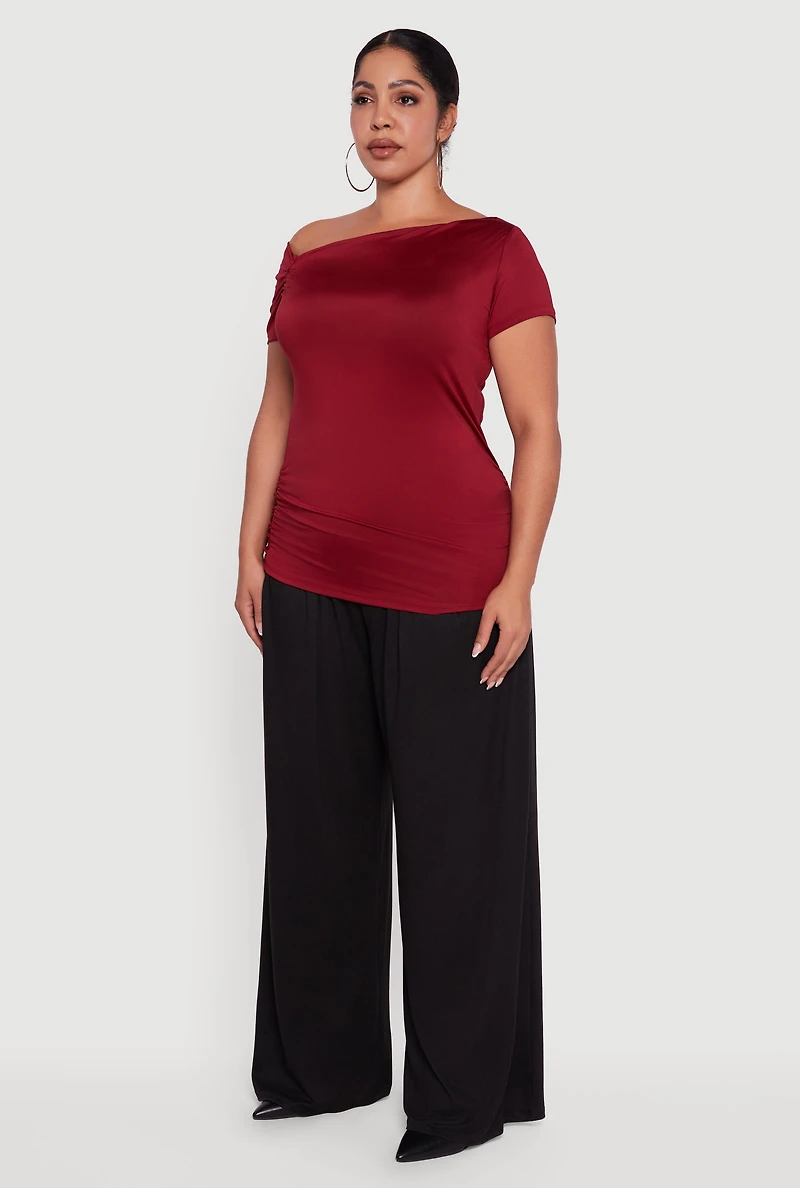 Plus One Shoulder Side Ruched Blouse