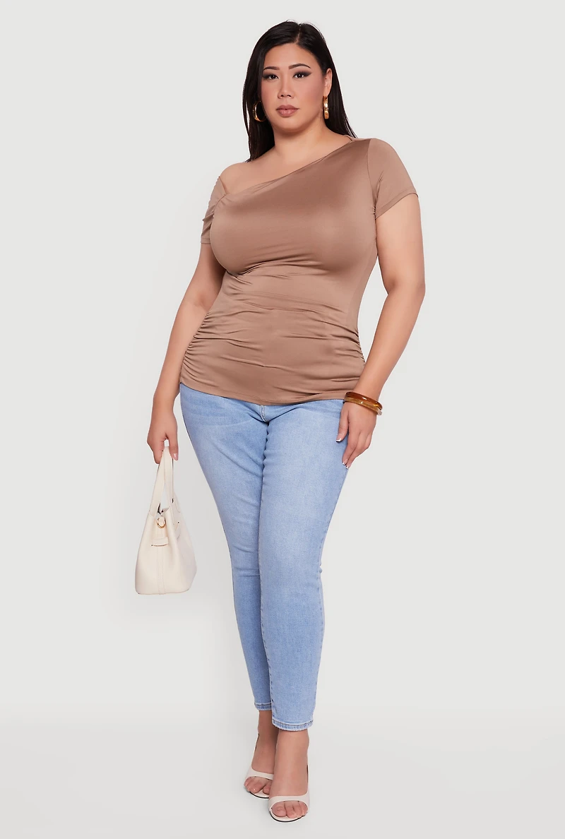 Womens Plus Size One Shoulder Side Ruched Blouse, Brown, Size 1X