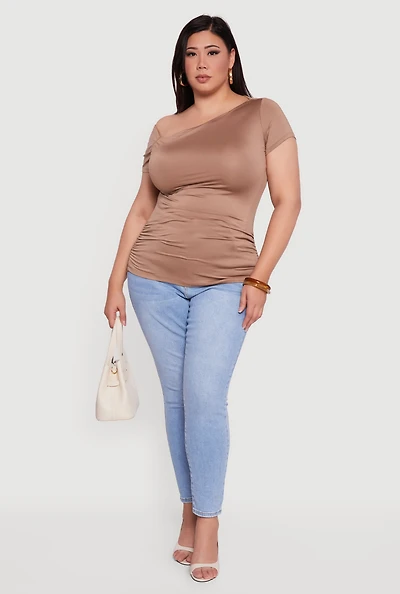 Womens Plus Size One Shoulder Side Ruched Blouse, Brown, Size 1X