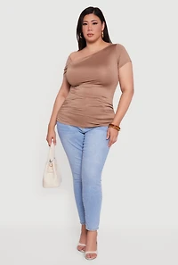 Womens Plus Size One Shoulder Side Ruched Blouse, Brown, Size 1X