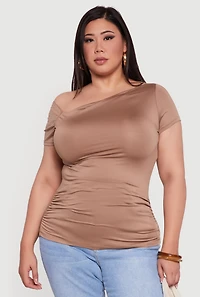 Womens Plus Size One Shoulder Side Ruched Blouse, Brown, Size 1X