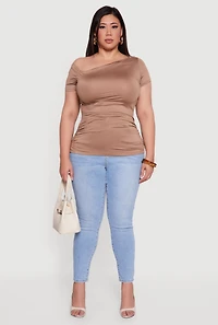 Womens Plus Size One Shoulder Side Ruched Blouse, Brown, Size 1X