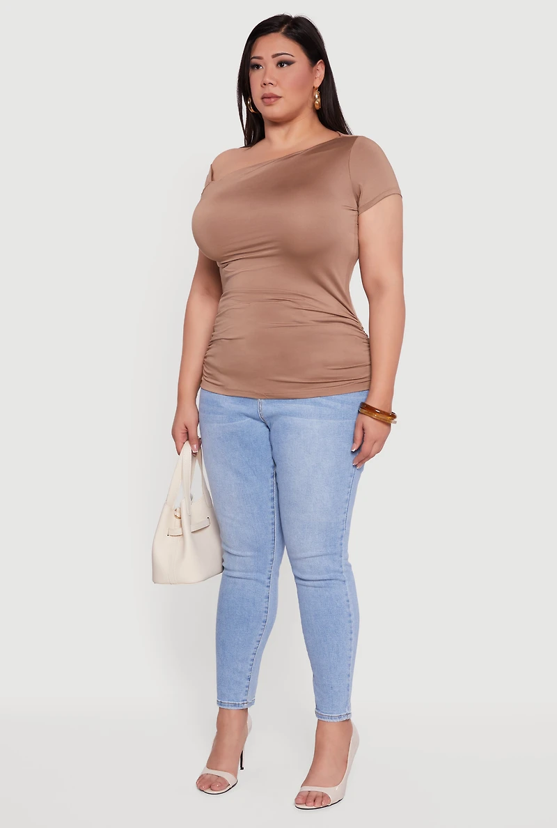 Womens Plus Size One Shoulder Side Ruched Blouse, Brown, Size 1X