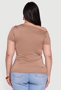 Womens Plus Size One Shoulder Side Ruched Blouse, Brown, Size 1X