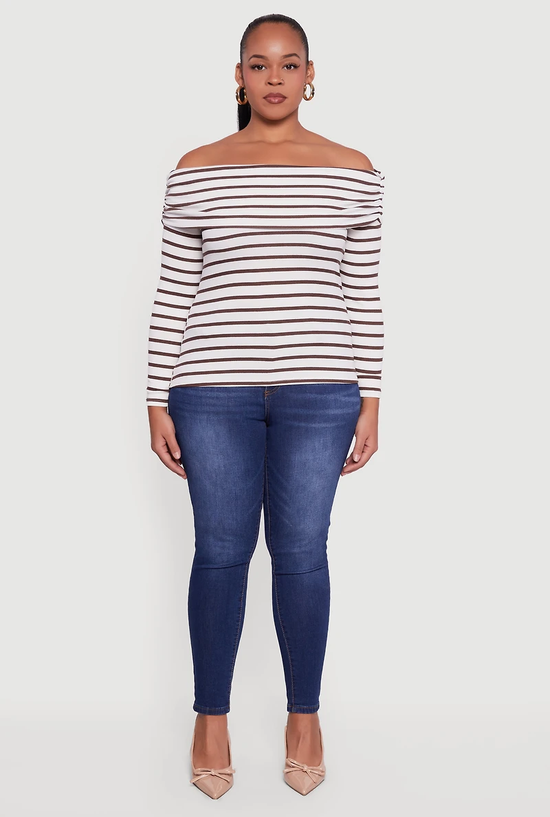 Plus Striped Ribbed Knit Fold Over Off Shoulder Top