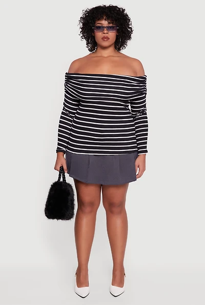 Womens Plus Striped Ribbed Knit Fold Over Off Shoulder Top,
