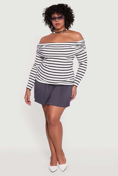 Womens Plus Striped Ribbed Knit Fold Over Off Shoulder Top,