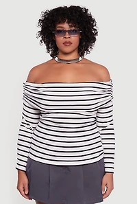 Womens Plus Striped Ribbed Knit Fold Over Off Shoulder Top,