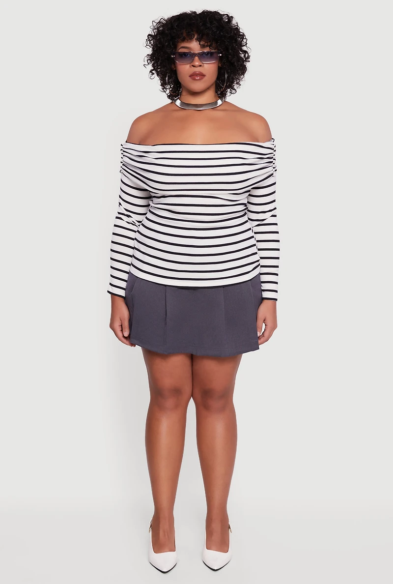 Womens Plus Striped Ribbed Knit Fold Over Off Shoulder Top,