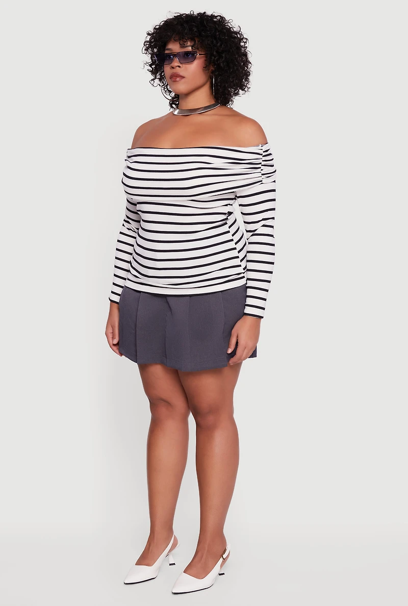 Plus Striped Ribbed Knit Fold Over Off Shoulder Top