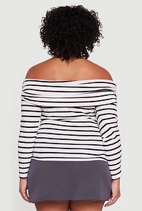 Womens Plus Striped Ribbed Knit Fold Over Off Shoulder Top,