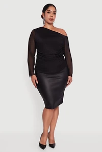 Plus One Shoulder Long Sleeve Mesh Blouse