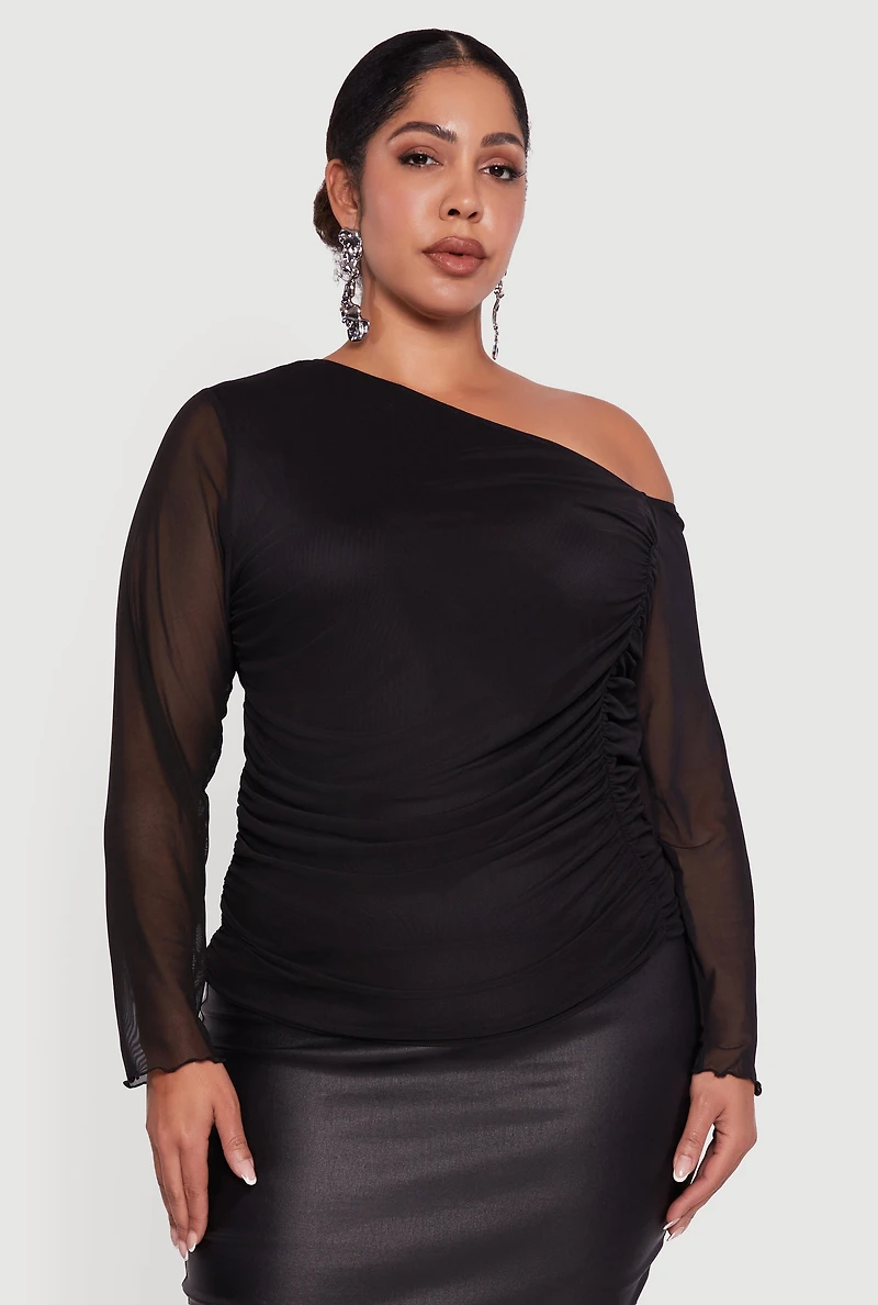 Womens Plus Size One Shoulder Long Sleeve Mesh Blouse, Black, Size 3X