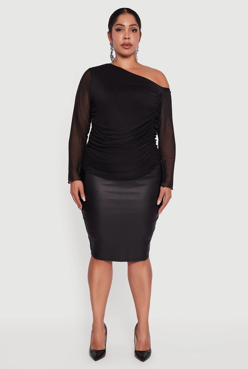 Plus One Shoulder Long Sleeve Mesh Blouse