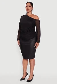 Plus One Shoulder Long Sleeve Mesh Blouse