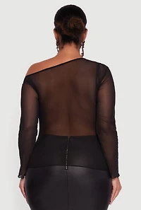 Plus One Shoulder Long Sleeve Mesh Blouse