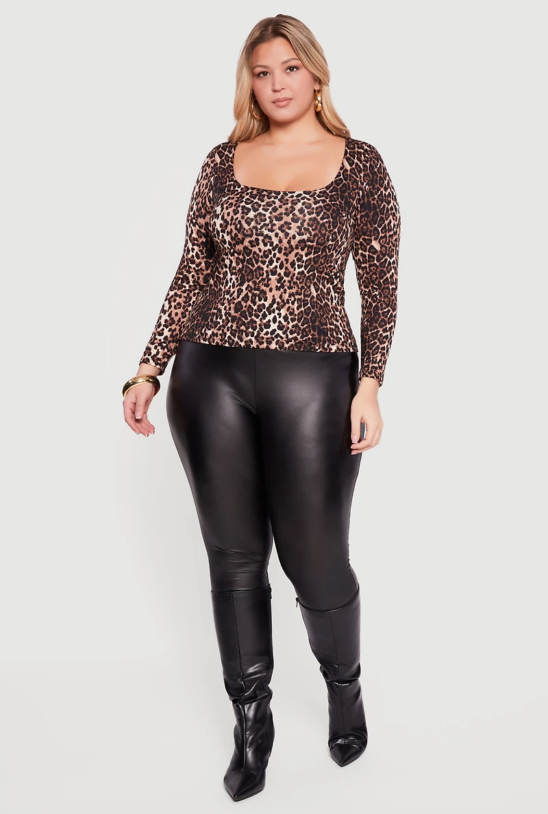 Plus Leopard Print Long Sleeve Scoop Neck Blouse