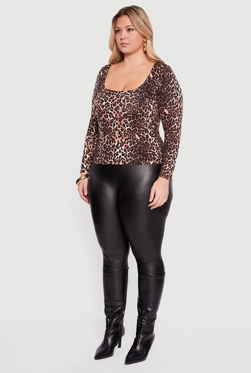 Plus Leopard Print Long Sleeve Scoop Neck Blouse