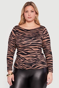 Plus Zebra Print Long Sleeve Boat Neck Blouse