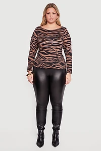 Plus Zebra Print Long Sleeve Boat Neck Blouse