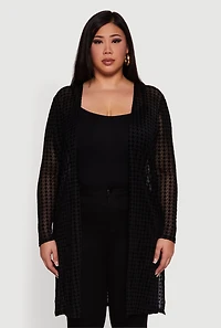 Womens Plus Size Houndstooth Velvet Burnout Mesh Duster, Black, Size 2X