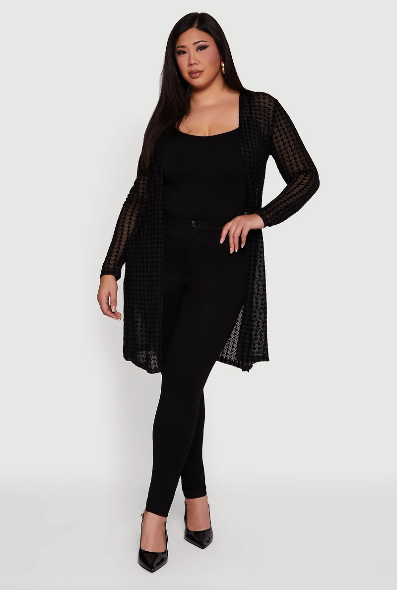 Plus Houndstooth Velvet Burnout Mesh Duster