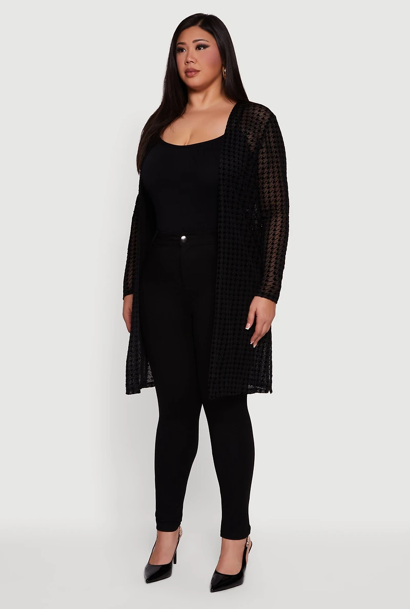 Womens Plus Size Houndstooth Velvet Burnout Mesh Duster, Black, Size 2X