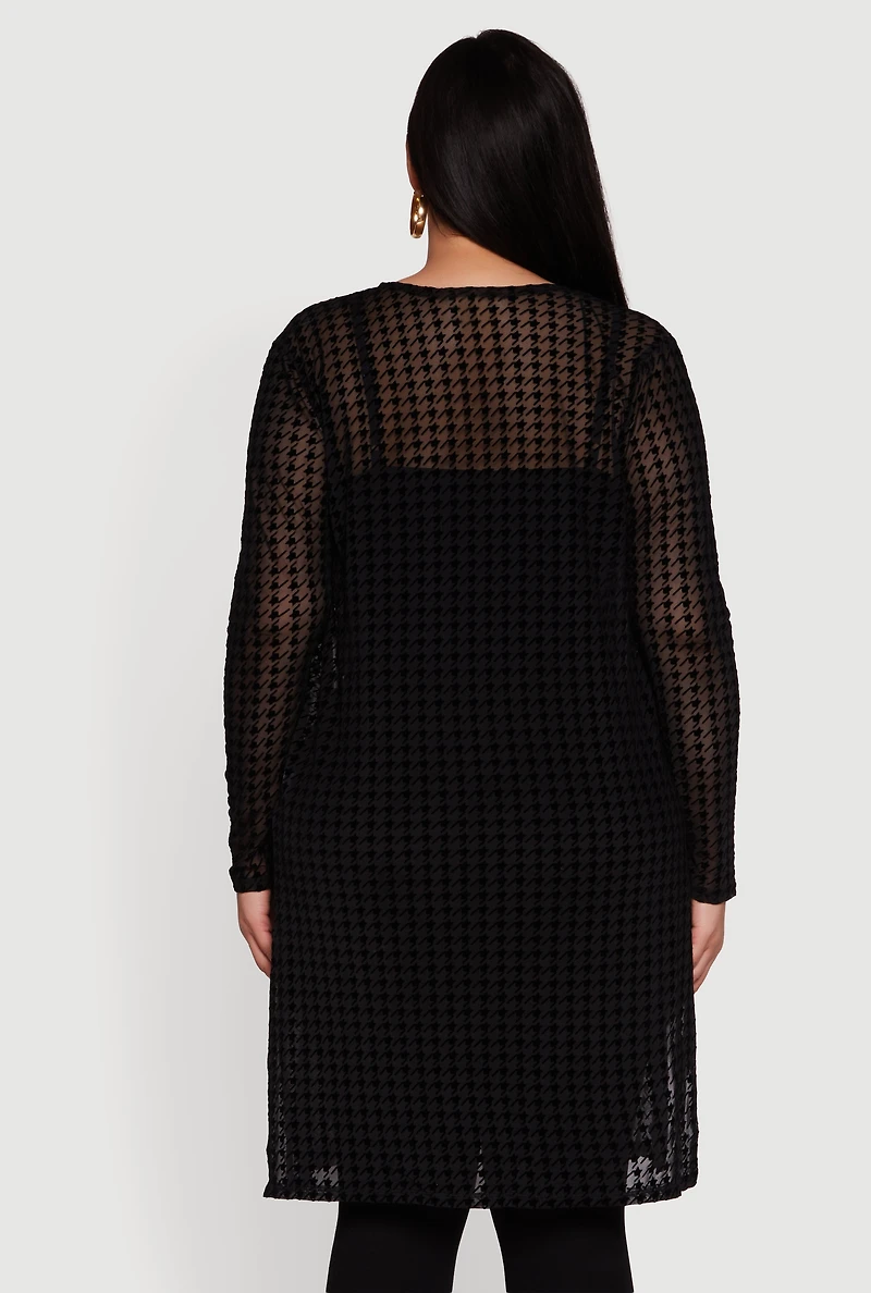 Womens Plus Size Houndstooth Velvet Burnout Mesh Duster, Black, Size 2X