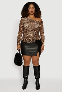 Plus Animal Print One Shoulder Mesh Blouse
