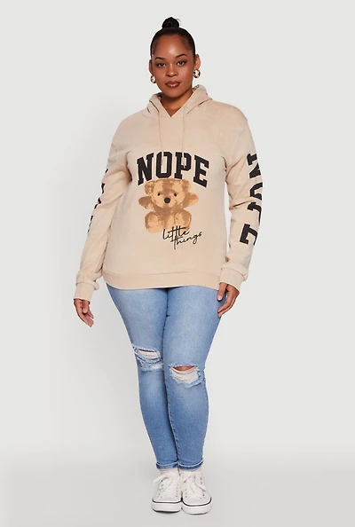 Womens Plus Size Acid Wash Nope Graphic Hooded Sweatshirt, Beige, Size 3X