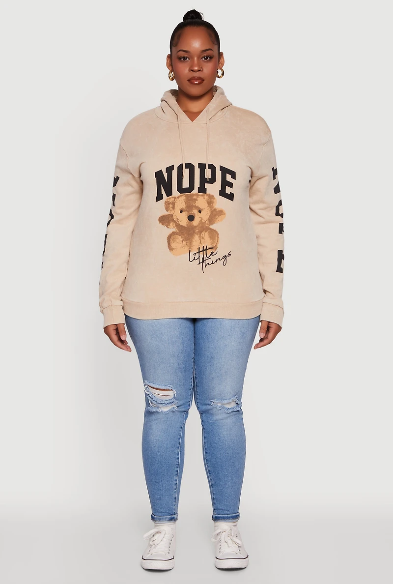 Womens Plus Acid Wash Nope Graphic Hooded Sweatshirt, Beige,