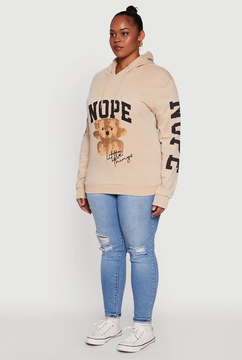 Womens Plus Acid Wash Nope Graphic Hooded Sweatshirt, Beige,