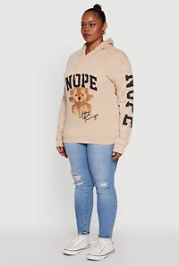 Womens Plus Acid Wash Nope Graphic Hooded Sweatshirt, Beige,