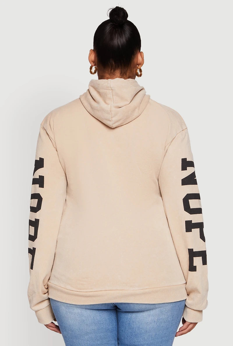 Womens Plus Acid Wash Nope Graphic Hooded Sweatshirt, Beige,