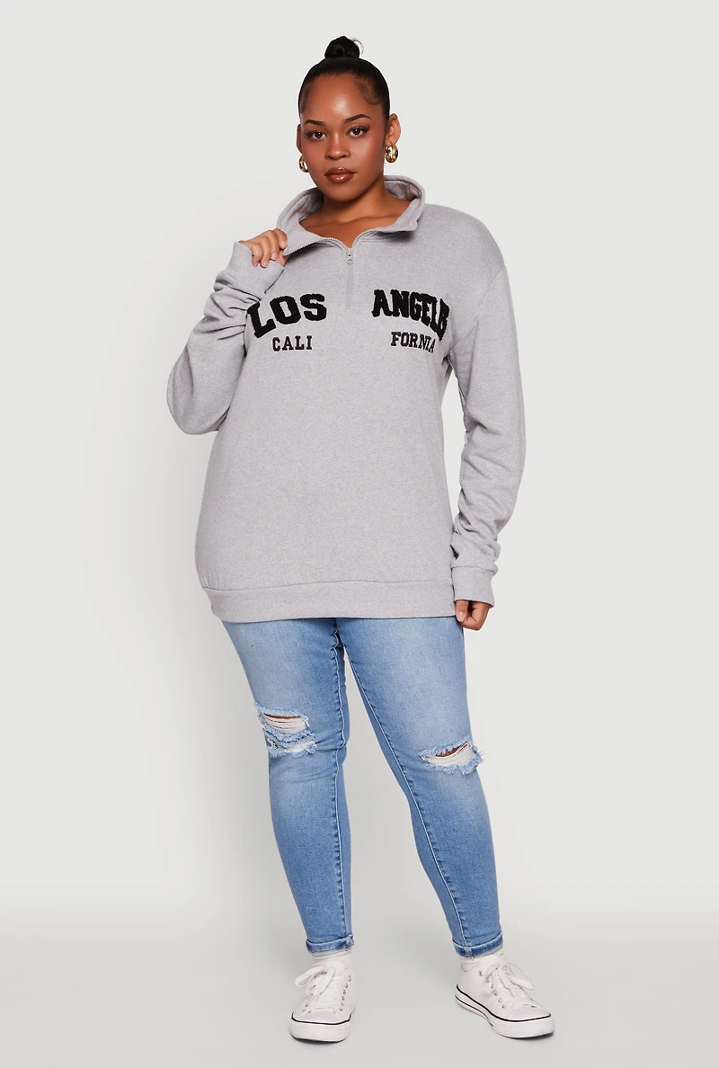 Womens Plus Size Chenille Los Angeles Graphic Quarter Zip Sweatshirt, Grey, Size 1X