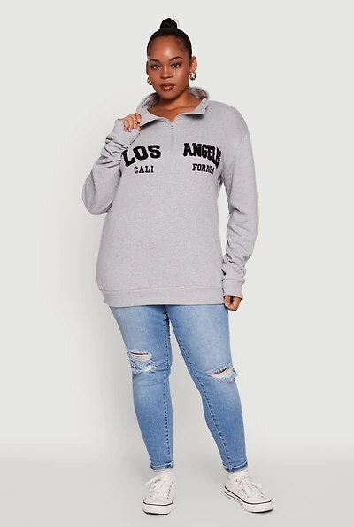 Womens Plus Size Chenille Los Angeles Graphic Quarter Zip Sweatshirt, Grey, Size 1X
